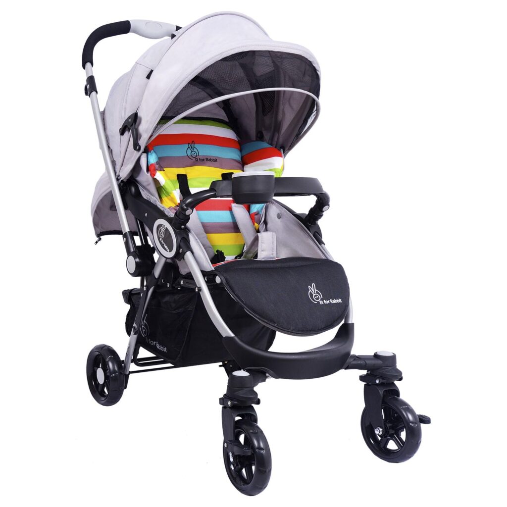 r-for-rabbit-chocolate-ride-baby-stroller-pram-standard-stroller-safe-convenient-comfortable-rainbow-reversible-handle-reclining-seat-adjustable-footrest-5-point-safety-harness-canopy-see-through-window-suspension-stainless-steel-polyester-toddler-baby-rear-wheel-link-brake