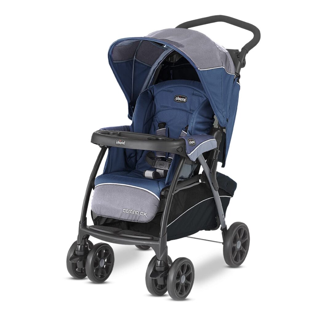 chicco-cortina-cx-stroller-standard-stroller-pram-safe-secure-convenient-comfortable-adjustable-handle-craddle-effect-seat-one-hand-fold-self-standing-linked-brakes-suspension-canopy-storage-basket-5-point-harness-8-position-reclining-seat-car-seat-compatible