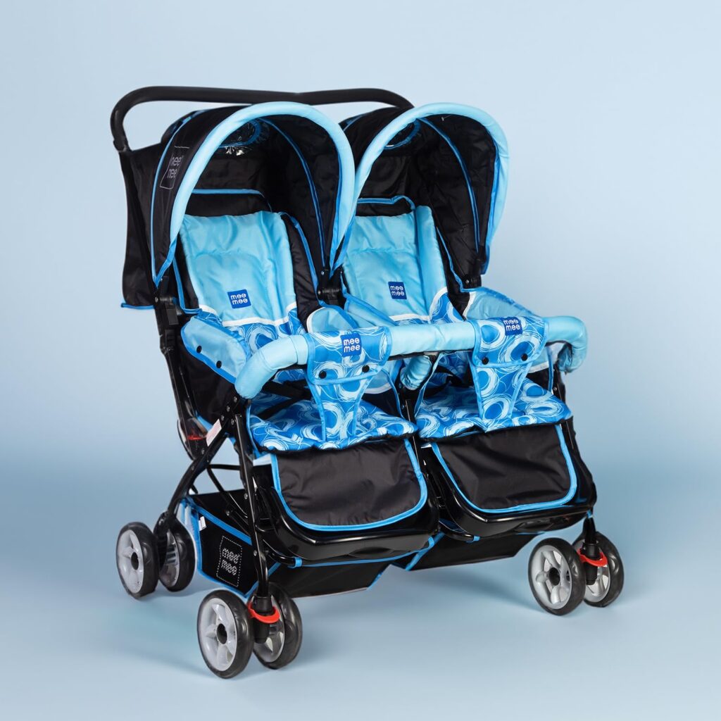 mee-mee-twin-buggy-baby-stroller-double-stroller-pram-safe-comfortable-convenient-newborn-2-years-baby-toddler-reclining-seat-footrest--front-swivel-wheels-3-point-safety-harness-rear-wheel-brakes-canopy-storage-basket