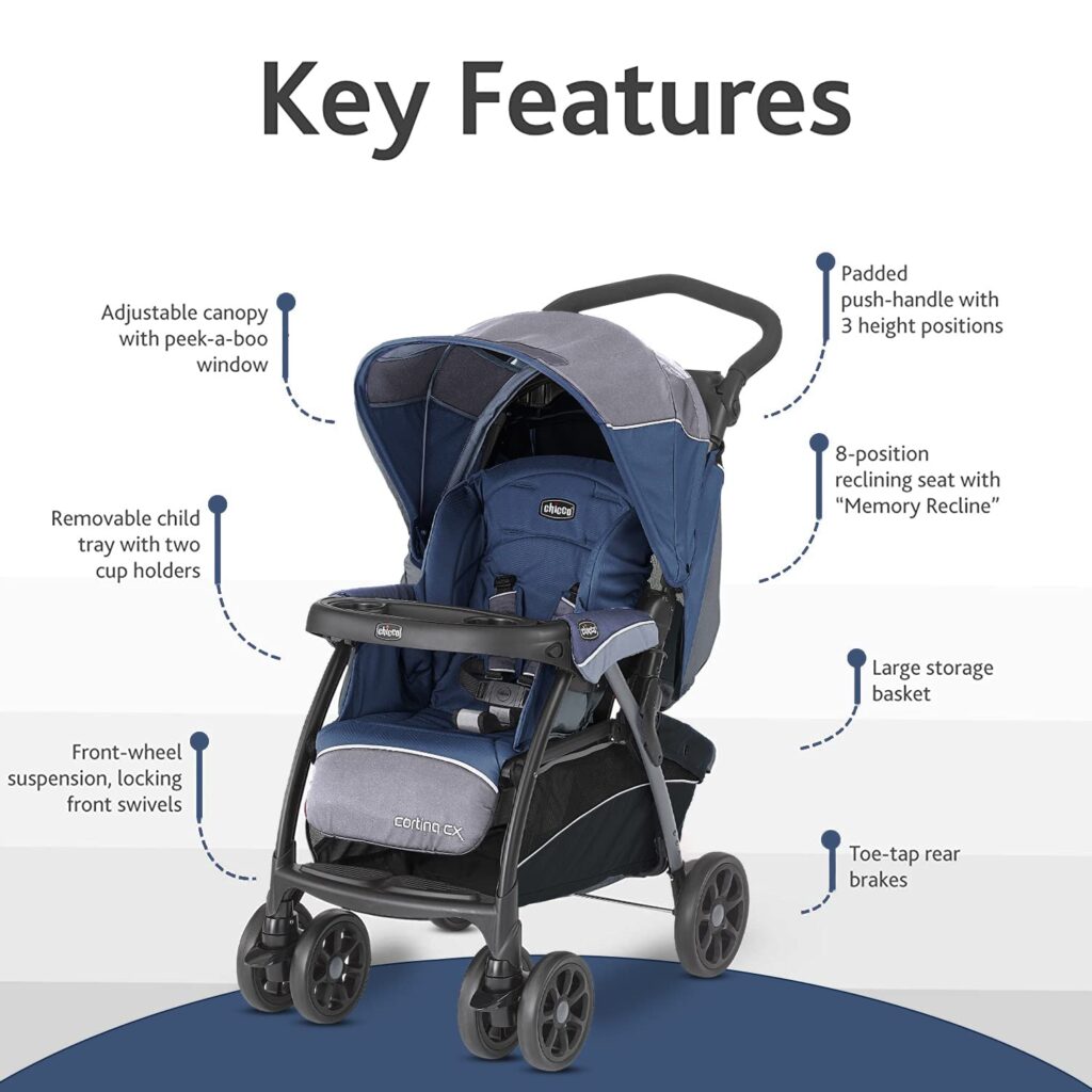 chicco-cortina-cx-stroller-standard-stroller-pram-safety-conveniencr-comfort-adjustable-canopy-peek-a-boo-window-cup-holder-child-tray-swivel-front-wheels-suspension-adjustable-handle-8-position-reclining-seat-storage-rear-wheel-linked-brake-newborn-5-years-baby-toddler