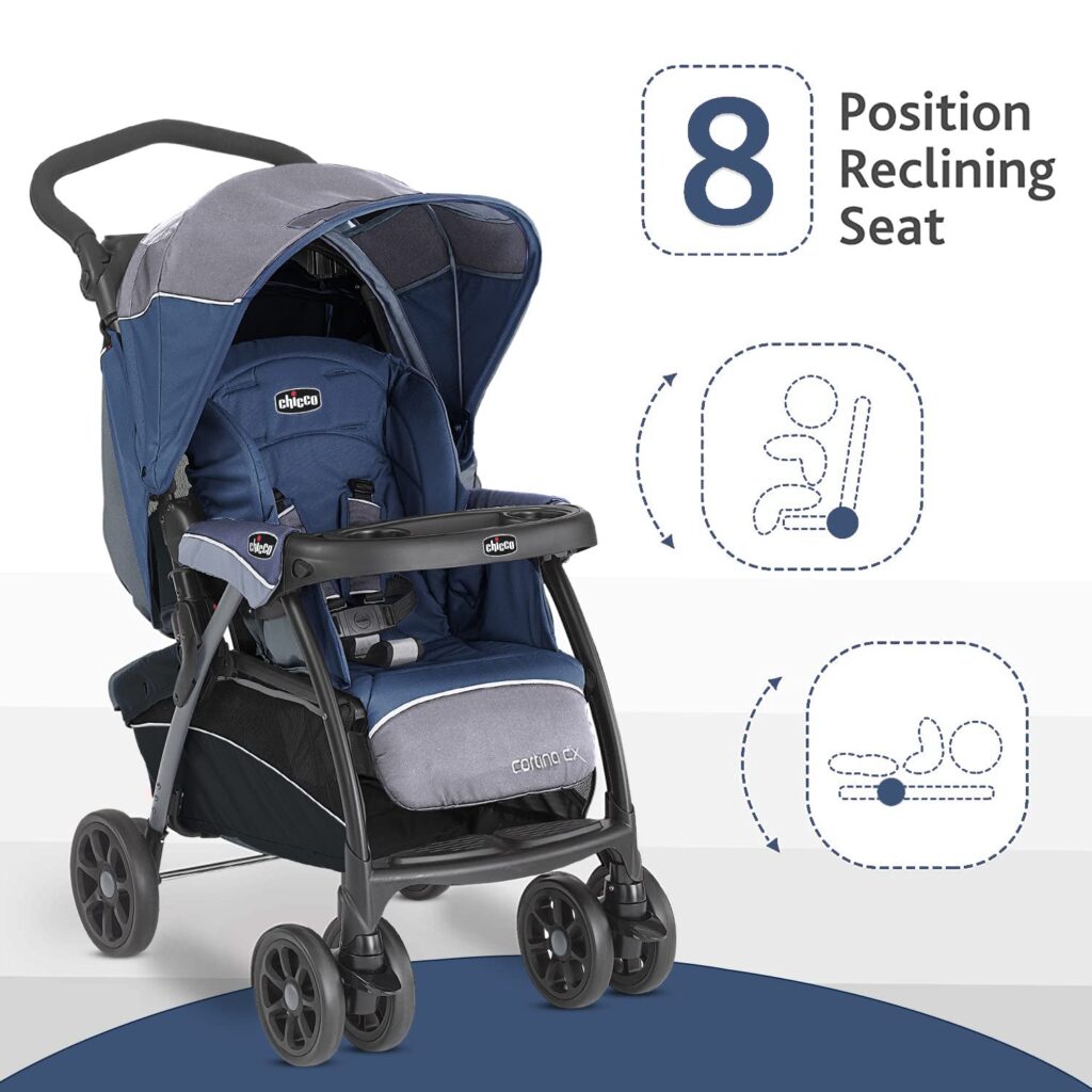 chicco-cortina-cx-stroller-pram-standard-stroller-safe-convenient-comfortable-8-position-reclining-seat-sit-nap-canopy-child-tray-suspension-front-swivel-wheels-5-point-harness-newborn-5-years-toddlers-baby