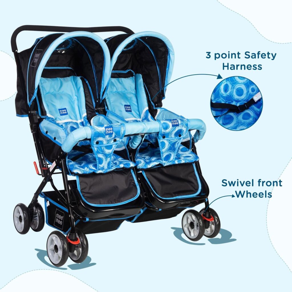 mee-mee-twin-buggy-baby-stroller-double-stroller-pram-safe-comfortable-convenient-newborn-2-years-baby-toddler-3-point-safety-harness-swivel-wheels