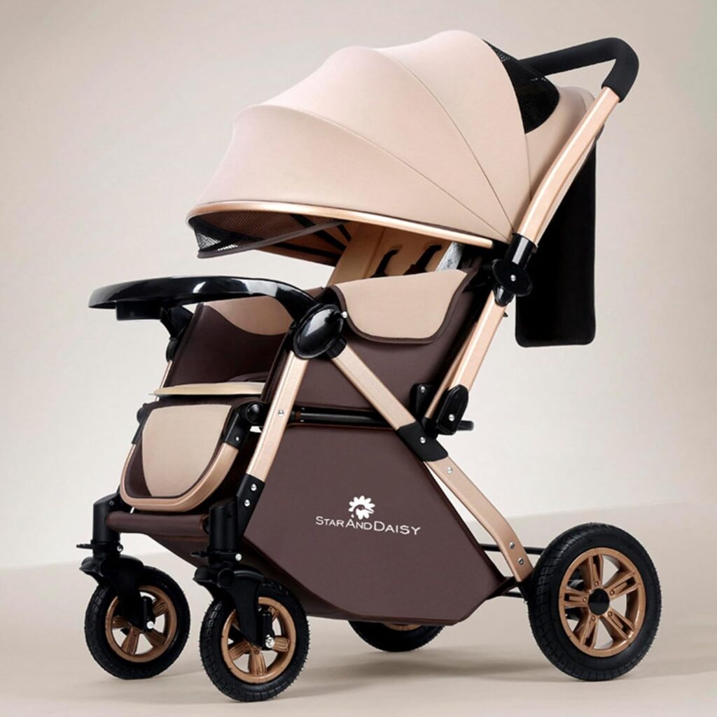 staranddaisy-baby-stroller-jogging-stroller-safe-convenient-comfortable-lightweight-reclining-seat-reversible-handle-storage-basket-safety-bar-compact-design-canopy-food-tray-leg-rest-rear-and-front-brakes-5-point-safety-harness-cup-holder-suspension