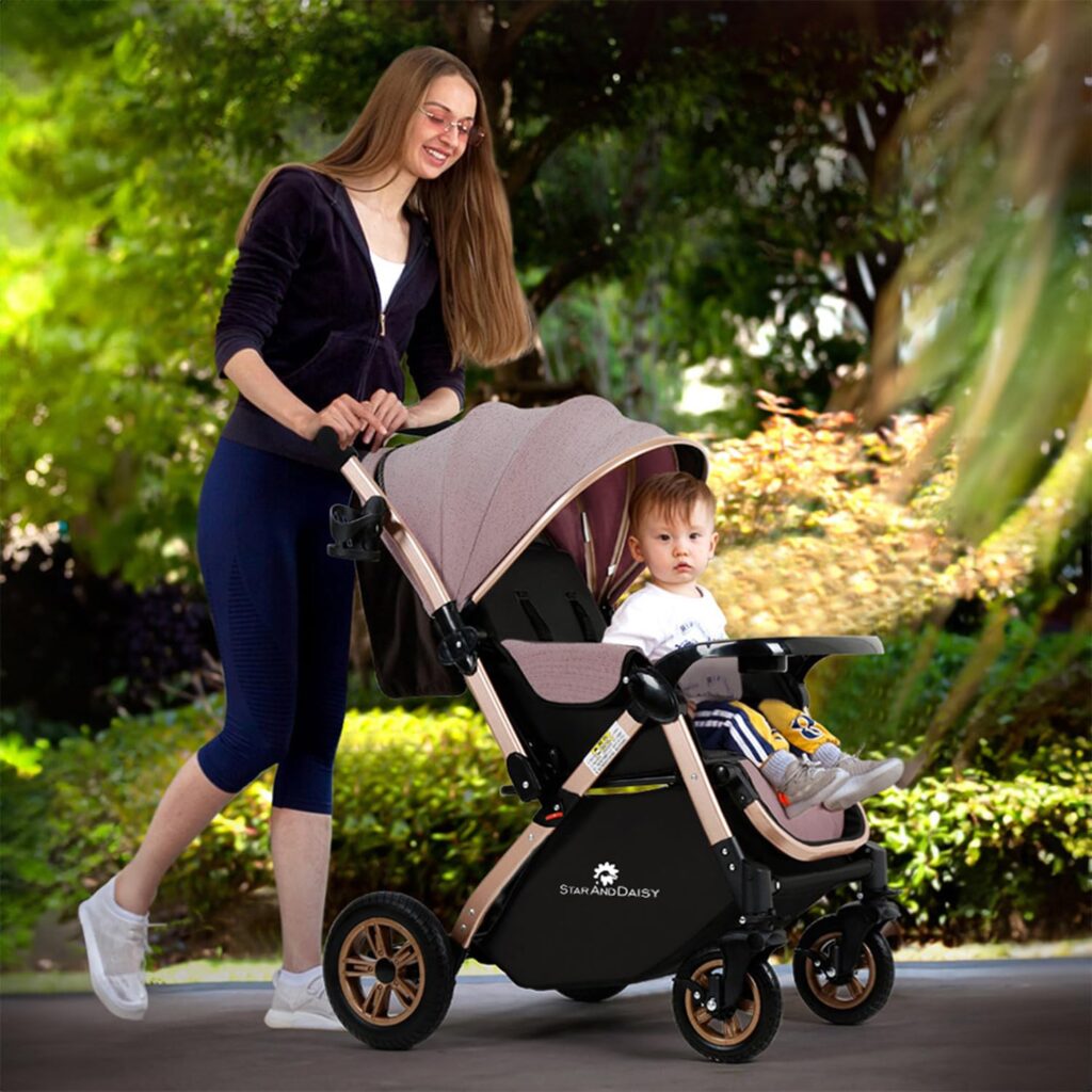 staranddaisy-baby-stroller-jogging-stroller-safe-convenient-comfortable-lightweight-reversible-handle-suspension-rear-and-front-brakes-canopy-reclining-seat-safety-bar-leg-rest