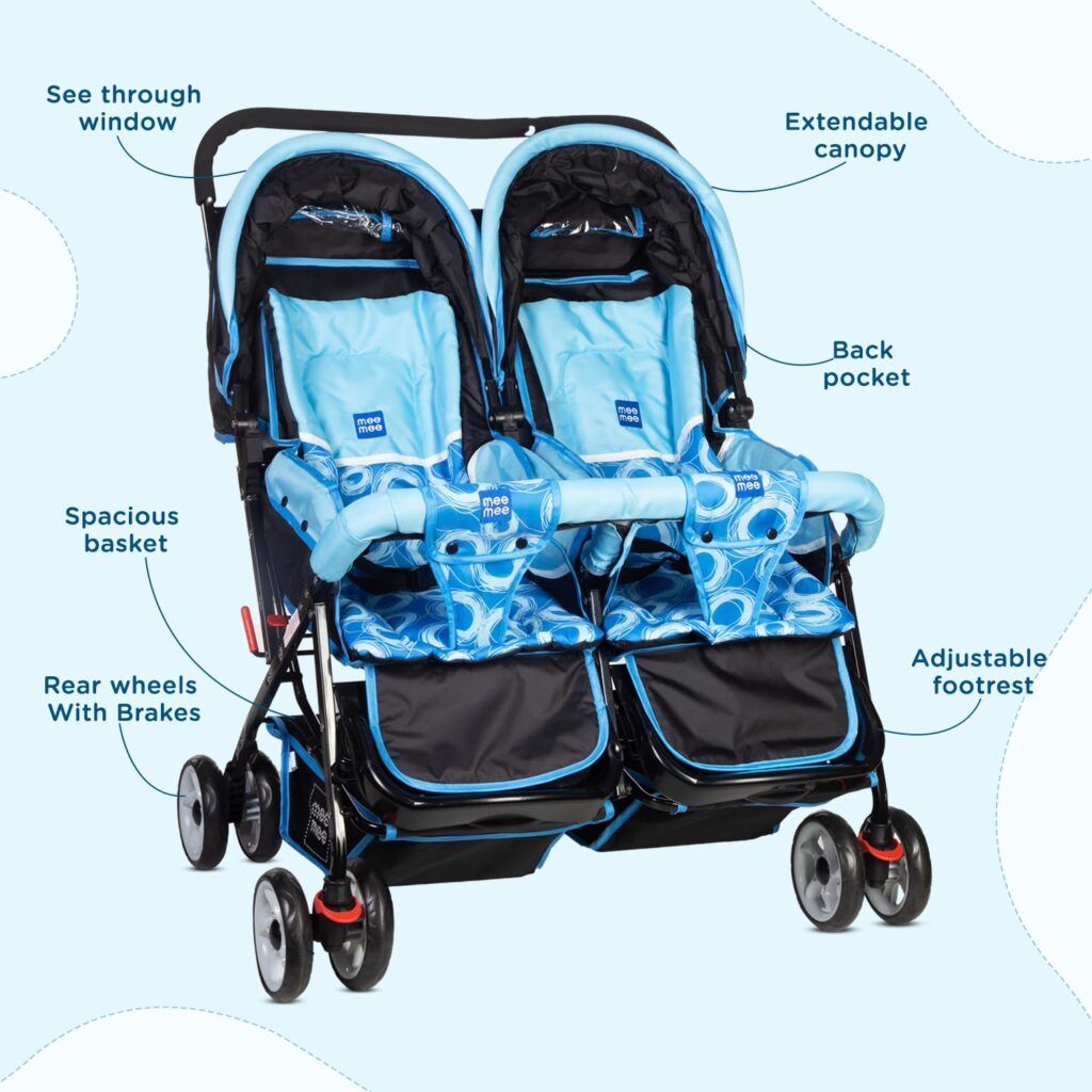 mee-mee-twin-buggy-baby-stroller-double-stroller-pram-safe-comfortable-convenient-newborn-2-years-baby-toddler-large-canopy-see-through-window-large-storage-back-pocket-extendable-canopy-adjustable-footrest-rear-wheel-brakes